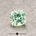 A green cushion-cut gemstone labeled as ET1171 is displayed on a textured surface, with the words "Earth's Treasury" visible below.