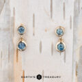 The "Dewdrop" Earrings in 14k Yellow Gold: Gleaming gold earrings embellished with radiant blue gemstones, gracefully displayed on a textured wooden background. The text at the bottom reads "Earth’s Treasury.
