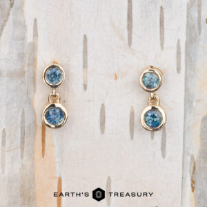 The "Dewdrop" Earrings in 14k Yellow Gold: Gleaming gold earrings embellished with radiant blue gemstones, gracefully displayed on a textured wooden background. The text at the bottom reads "Earth’s Treasury.