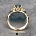 The "Clary" ring in 14k yellow gold, featuring a 1.43-carat Montana Sapphire in a prong setting, is displayed upright against a rough textured blue stone background.