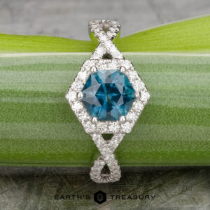 The "Graciella" ring in 14k white gold features a 1.27-carat hexagon Montana sapphire with a diamond halo and intertwining diamond band, shown on a green leaf.