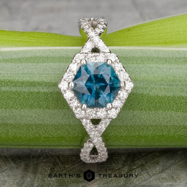 The "Graciella" ring in 14k white gold with 1.27-carat Montana sapphire The "Graciella" ring in 14k white gold features a 1.27-carat hexagon Montana sapphire with a diamond halo and intertwining diamond band, shown on a green leaf.
