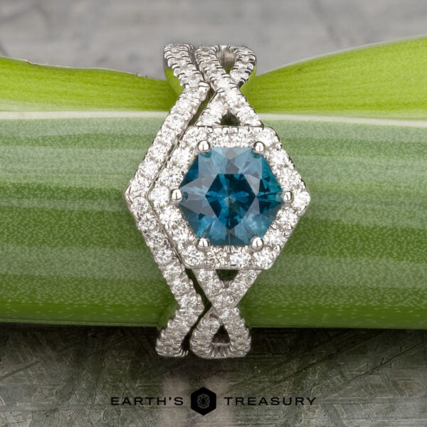 The "Graciella" ring in 14k white gold with 1.27-carat Montana sapphire, alongside the "Graciella" band in 14k white gold The "Graciella" ring in 14k white gold with a 1.27-carat Montana sapphire and the "Graciella" band, both in 14k white gold, are shown on a green plant stem with the "Earth's Treasury" logo below.