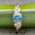 The "Celeste" ring in 14k rose gold showcases a 2.37-carat Montana sapphire with white accent stones, beautifully presented on a green leaf.