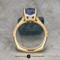 The "Marilyn" ring in 18k yellow gold features an intricate band and a 3.20-carat Ceylon sapphire in a four-prong setting, shown upright on a textured gray surface.
