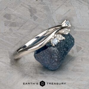 The "Lobelia" band in platinum, featuring small round diamonds, is shown resting on a rough blue stone against a textured gray background with the "Earth's Treasury" logo at the bottom.
