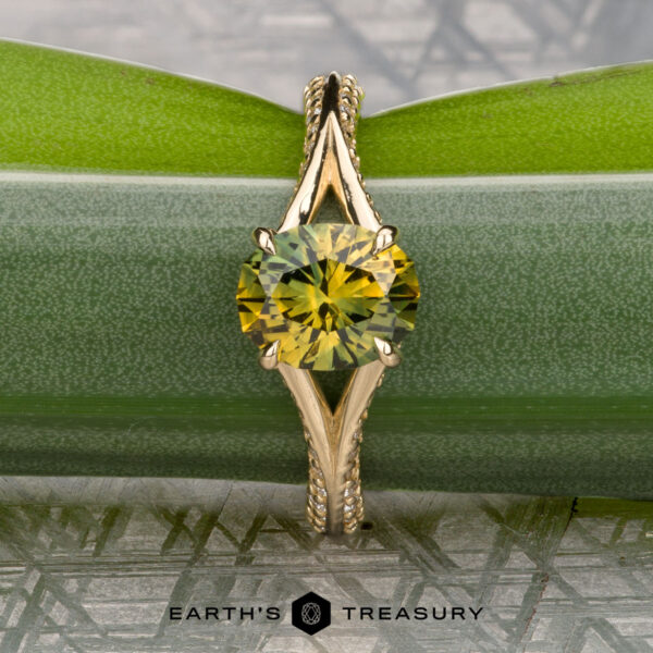 The "Antoinette" ring in 14k yellow gold with 1.69-carat Australian sapphire The "Antoinette" ring features a 1.69-carat Australian yellow-green sapphire in 14k yellow gold with a split-shank setting, shown on a green leaf with "Earth's Treasury" branding below.