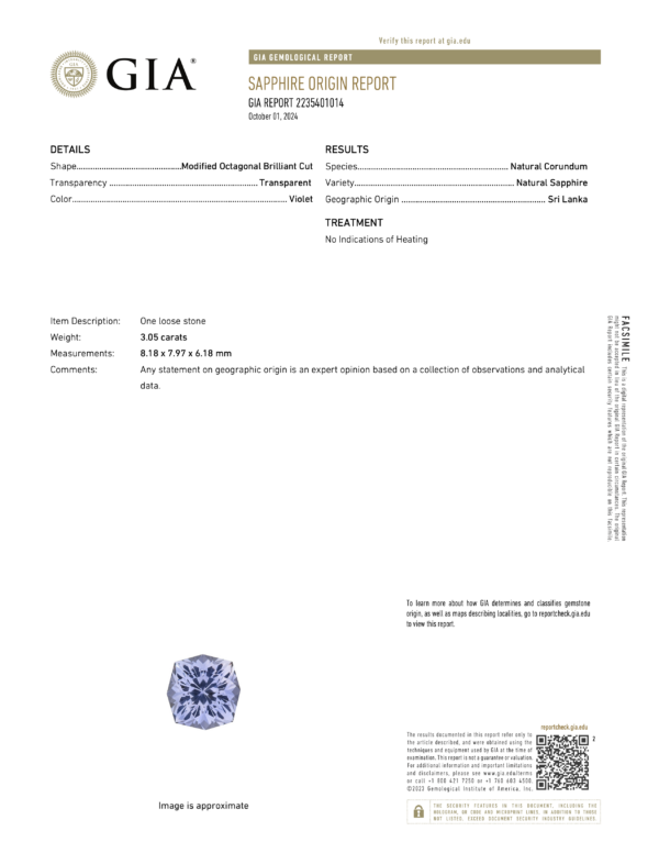 JV1407K GIA report JV1407K GIA report: This 3.08-carat Ceylon Sapphire, in a modified octagonal brilliant cut, showcases a natural violet hue. Transparent and unheated, it originates from Sri Lanka and is an exquisite example of violet-blue corundum.