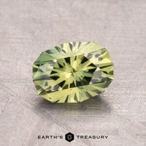 A faceted, oval-cut 1.69-carat Australian sapphire (heated) displayed on a textured surface, with the logo "Earth's Treasury" beneath it.