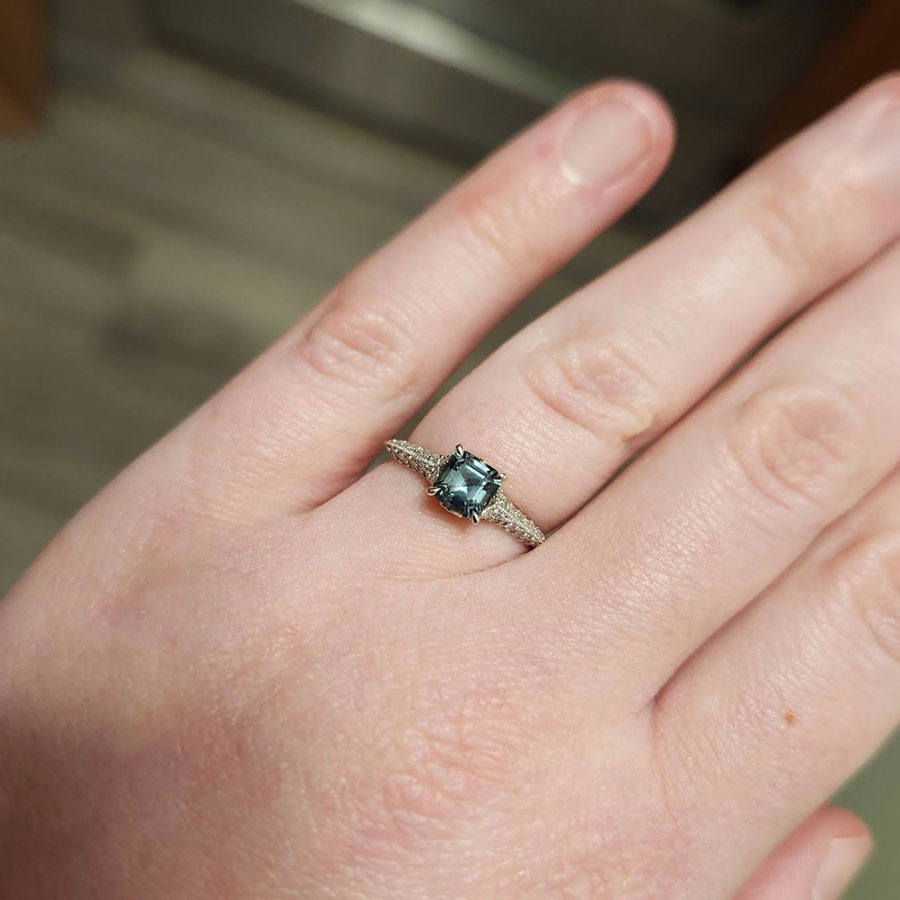 Custom ring in 14k white gold with 0.74-carat Montana sapphire