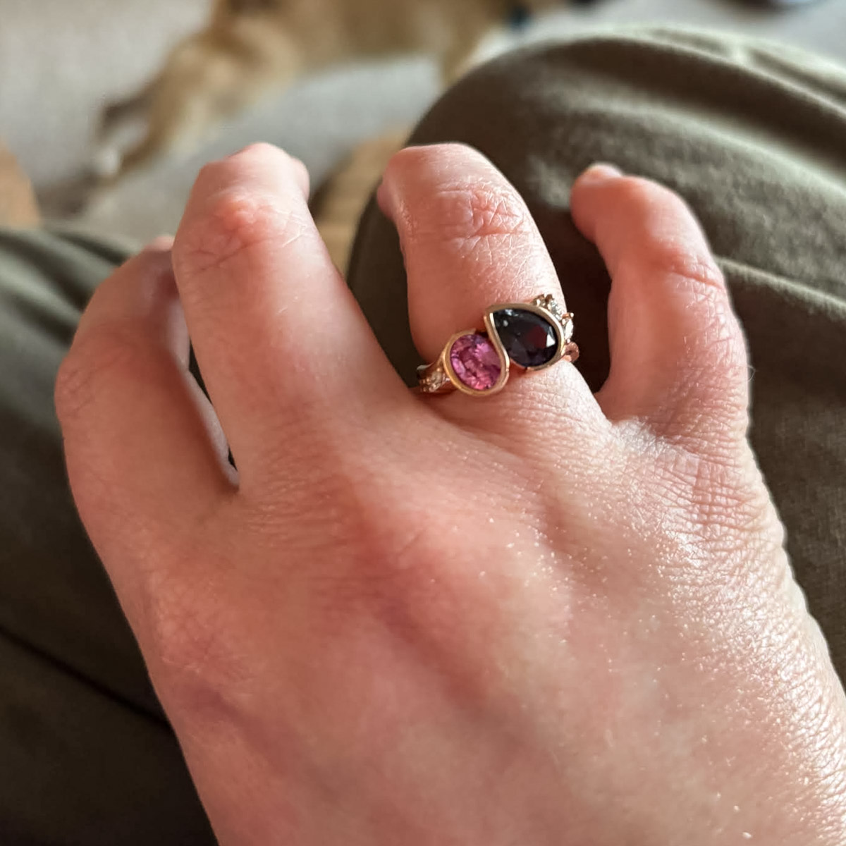Custom ring in 14K rose gold with 1.54-Carat Umba sapphire and 1.08-Carat Madagascar sapphire
