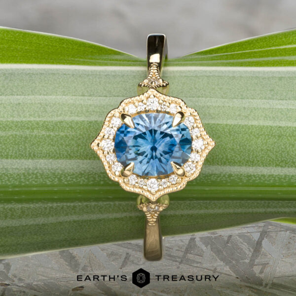 The "Ailette" ring in 14K yellow gold with 1.44-carat Montana sapphire The “Ailette” ring in 14K yellow gold features a 1.44-carat round Montana sapphire center, surrounded by small white diamonds, displayed on a green leaf background.