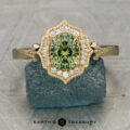 The "Ailette" ring in 14K yellow gold features a 0.94-carat Australian sapphire center, accented by small diamonds and displayed on a rough blue stone surface. The text "EARTH'S TREASURY" appears at the bottom.