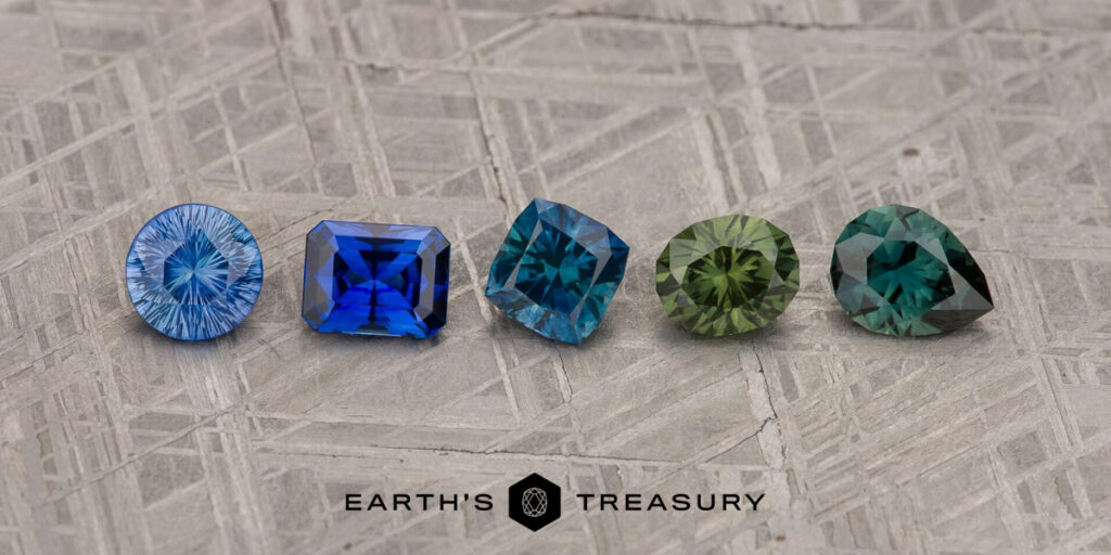 A row of five gemstones in blue and green hues is displayed on a textured surface, featuring the "Earth's Treasury" logo at the bottom. (Product: 910c7802-6330-4cb1-a83d-8c350cfd6ec0-1200-BW).