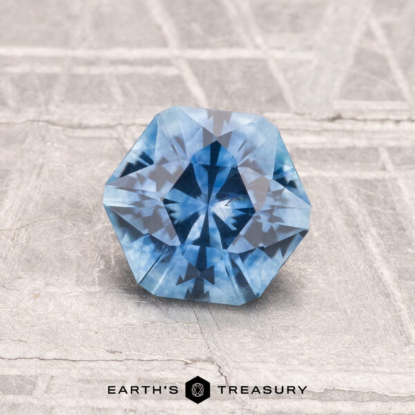 1.24-Carat Montana Sapphire (Heated) A 1.24-carat heated Montana sapphire, faceted in an octagonal shape, rests on a textured gray surface. The "Earth's Treasury" logo and text are visible at the bottom.