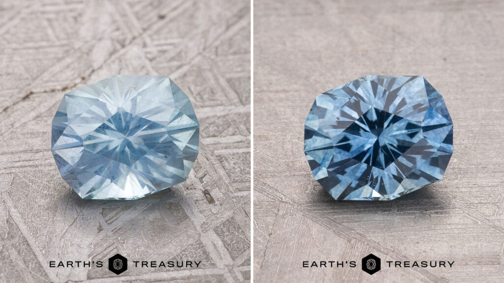 Side-by-side comparison of "Untitled design - 1," a round blue gemstone, under different lighting conditions, showing subtle shifts in color and brightness.