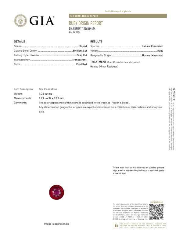 ET4192 GIA Report ET4192 GIA Report for a 1.26-carat natural ruby from Burma, round brilliant cut, heated, includes gemstone image at the bottom.