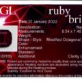 JM1129TG AGL Report: Identification card for a natural ruby, 2.17 ct, modified octagonal mixed cut, red color, heat enhancement (clarity residues), dated 20 Jan 2022; includes comments on treatment.