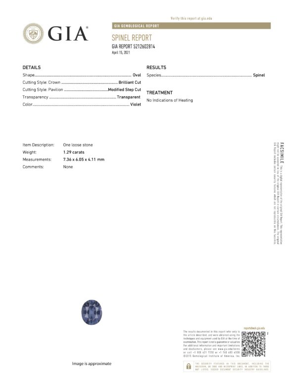 JM1152L GIA Report The JM1152L GIA Report certifies a 1.29 ct oval violet spinel (brilliant/modified step cuts, transparent, no heating) with GIA report #5212627814.