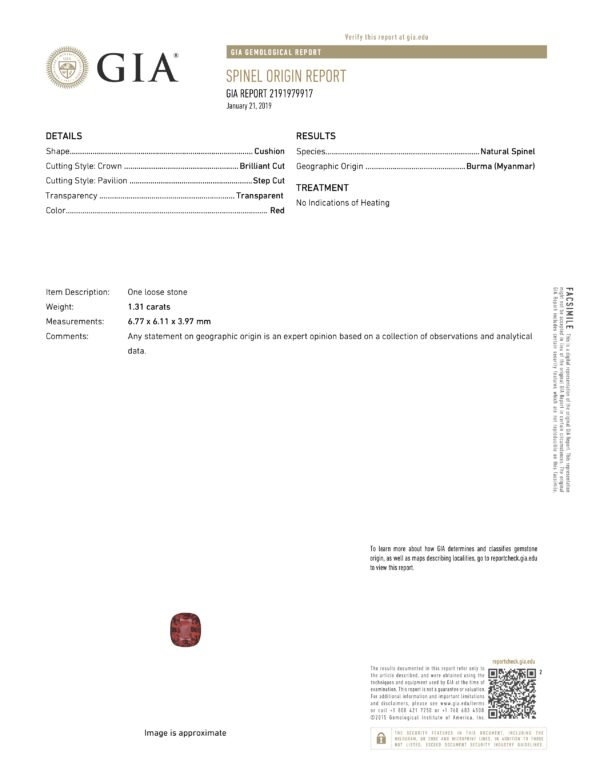 JM1204L GIA Report The JM1204L GIA Report details a cushion-cut, transparent spinel from Myanmar with no evidence of heating. The report lists measurements, weight, and includes a QR code for verification.