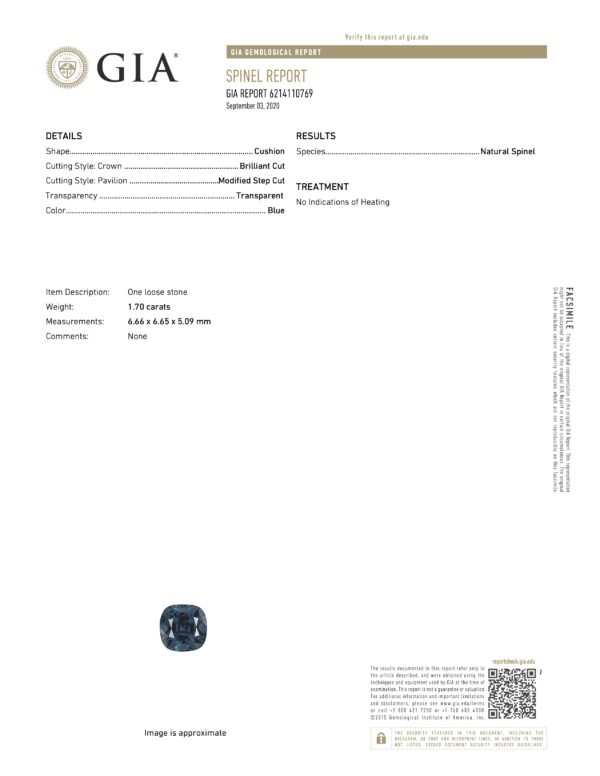 JM1220L GIA Report The JM1220L GIA Report verifies a natural blue spinel, cushion shape, 1.70 carats, transparent, no indications of heating, and includes a sample image of the gemstone.