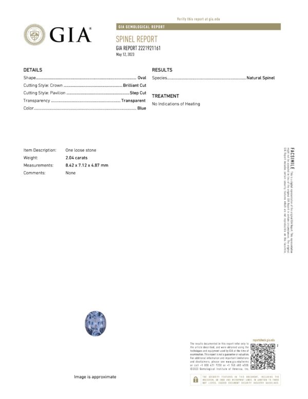 JM1225L GIA Report JM1225L GIA Report for a natural blue spinel, oval, step cut, 2.04 ct, 8.42 x 7.26 x 4.87 mm, no indications of heating.