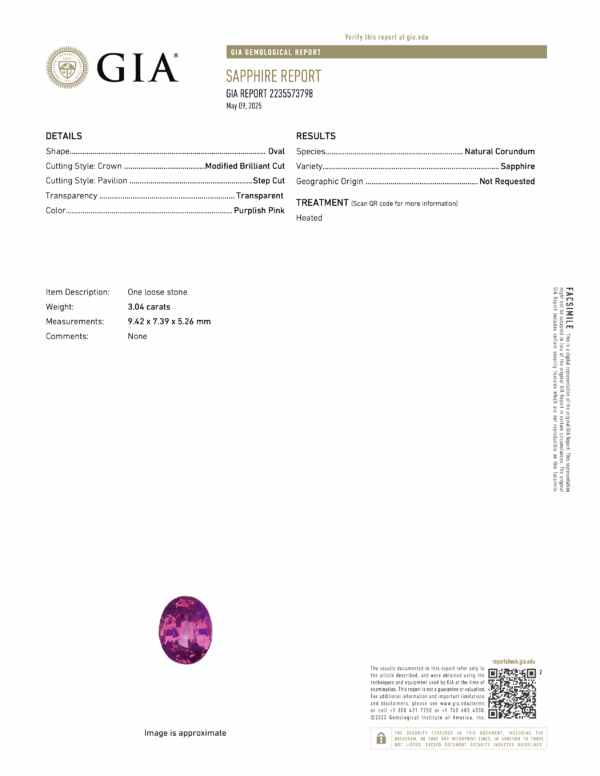 JV1554TG GIA Report The JV1554TG GIA Report details a 3.04-carat purplish pink sapphire, confirms it as natural corundum, and notes its heated treatment.