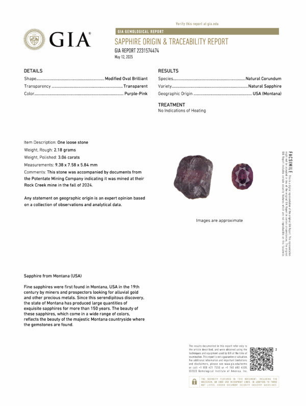 PM2531 GIA Report The PM2531 GIA Report certifies a 2.18 ct purple-pink sapphire from Montana, USA, including a stone image, detailed description, measurements, and verification of its origin and any treatments.