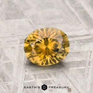 A 0.96-Carat Montana Sapphire, round and faceted in golden yellow, rests on a gray textured surface with "EARTH'S TREASURY" text at the bottom.