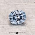 A 1.07-Carat Montana Sapphire (Heated) with a blue-gray hue rests on a textured light gray surface, with the words "EARTH'S TREASURY" visible at the bottom.