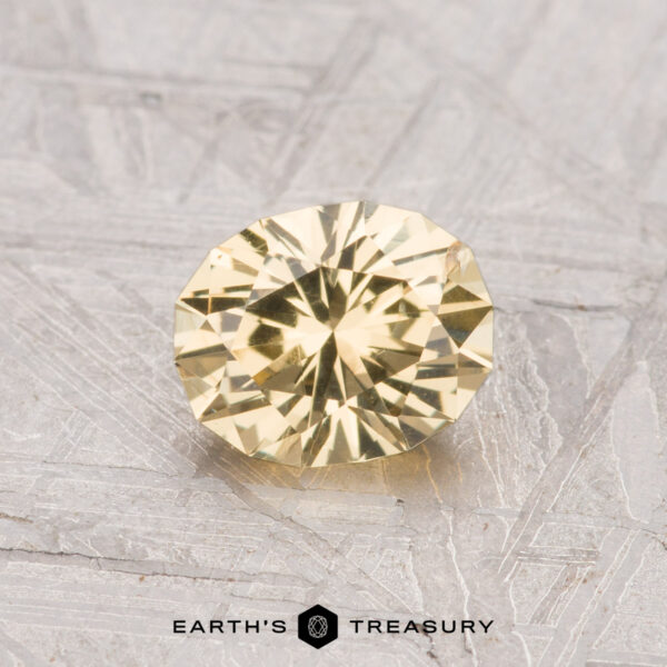 0.99-Carat Grossular Garnet A 0.99-carat round, faceted grossular garnet with a yellow hue is displayed on a gray textured surface, with the text "EARTH'S TREASURY" at the bottom.