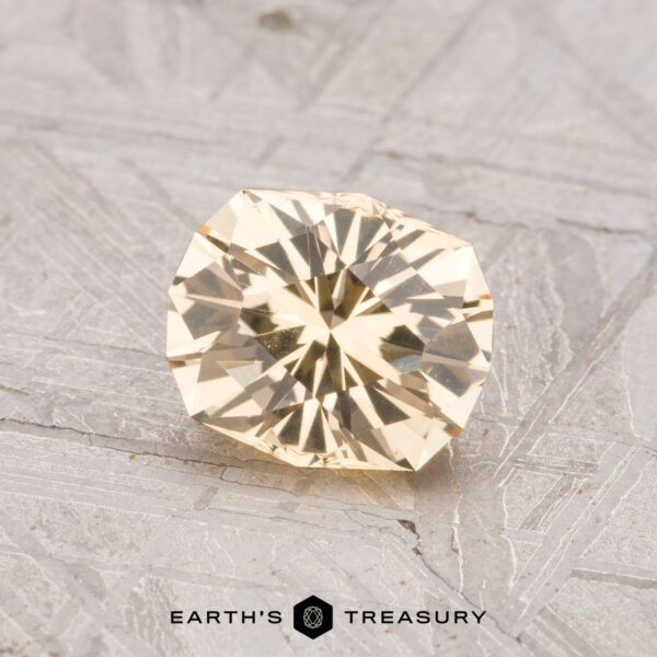 0.96-Carat Grossular Garnet A 0.96-carat round, faceted pale yellow Grossular Garnet is displayed on a textured gray surface with the text “Earth’s Treasury” at the bottom.
