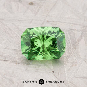 A 1.12-carat tsavorite garnet with a rectangular, faceted green appearance displayed on a light gray textured surface, with the text "EARTH'S TREASURY" below.