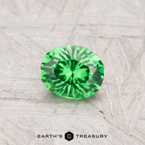 A 0.61-carat faceted Tsavorite Garnet is displayed on a textured light gray surface with the "Earth's Treasury" logo at the bottom.