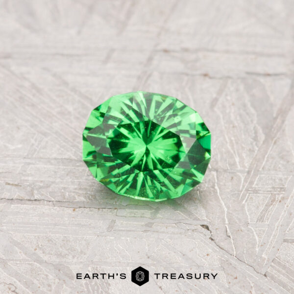 0.61-Carat Tsavorite Garnet A 0.61-carat faceted Tsavorite Garnet is displayed on a textured light gray surface with the "Earth's Treasury" logo at the bottom.