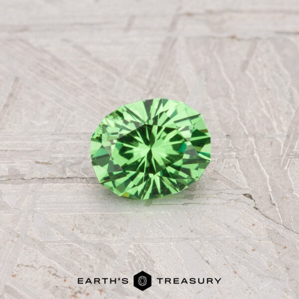 0.45-Carat Tsavorite Garnet A 0.45-carat Tsavorite Garnet, cut in a round brilliant style, is shown on a textured gray surface with the "Earth's Treasury" logo beneath it.
