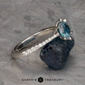 The Pave "Elenin" ring in platinum, featuring a 1.21-carat Montana sapphire and pavé diamonds on the band, is displayed on a dark stone with a textured gray background.