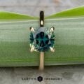 The Cathedral "Begonia" ring in 14k yellow gold with a 2.27-carat Australian sapphire is displayed upright on a green leaf. The text "Earth's Treasury" appears at the bottom.