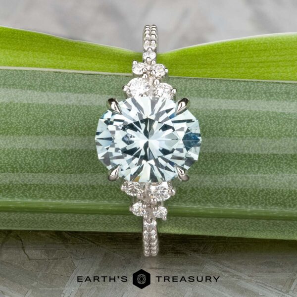 The Comet ring in platinum with 3.53-carat Montana sapphire The Comet ring in platinum, featuring a 3.53-carat Montana sapphire and diamonds on the band, is displayed on a green striped leaf. "Earth's Treasury" appears at the bottom.