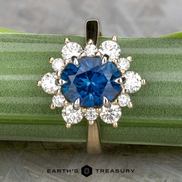 The "Angelica" ring in 14k white and yellow gold with 2.30-carat Montana sapphire The "Angelica" ring in 14k white and yellow gold features a 2.30-carat Montana sapphire center surrounded by ten clear diamonds, displayed on a green-striped surface.