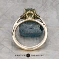 The "Marisol" ring in 14k yellow gold with a 2.90-carat Australian sapphire stands upright on a rough stone surface, featuring the Earth's Treasury logo at the bottom.