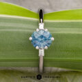 The "Bridget" ring in platinum features a 1.20-carat round Montana sapphire and two rectangular side stones, displayed on a green leaf background. The Earth's Treasury logo is visible at the bottom.