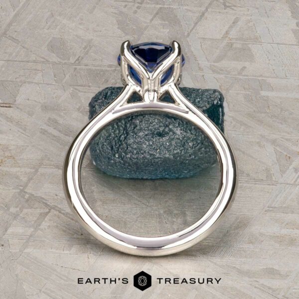 The Cathedral "Alyssum" ring in platinum with 1.83-carat Ceylon sapphire A platinum Cathedral "Alyssum" ring with a 1.83-carat Ceylon sapphire stands upright on a textured gray surface, exuding elegance. The "Earth's Treasury" logo appears at the bottom.