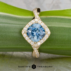 The "Yvette" ring in 14k yellow gold features a 1.64-carat square-cut Montana sapphire accented by small diamonds, shown on a green plant stem. "EARTH'S TREASURY" logo and text appear at the bottom.