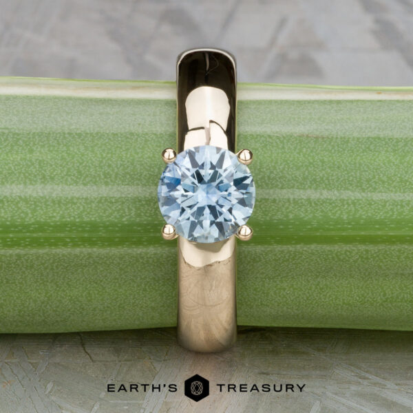 The "Davina" ring in 14k yellow gold with 1.43-carat Montana sapphire The "Davina" ring, crafted in 14k yellow gold with a 1.43-carat Montana sapphire, is displayed upright against a green bamboo stem. The "Earth's Treasury" logo appears below.