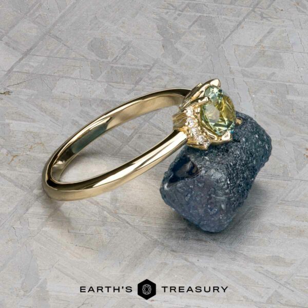 The "Wren" ring in 14k yellow gold with 0.91-carat Montana sapphire The "Wren" ring in 14k yellow gold, featuring a 0.91-carat Montana sapphire and small diamonds, is shown resting on a rough dark mineral with the Earth's Treasury logo below.