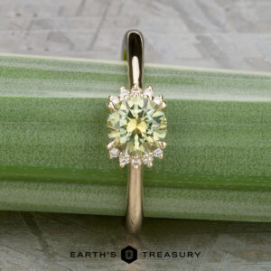 The "Wren" ring in 14k yellow gold features a 0.91-carat Montana sapphire surrounded by a halo of diamonds, displayed on a green leaf.