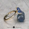 The Cathedral "Anemone" ring in 14K yellow gold with a 2.37-carat Ceylon sapphire is displayed upright on a rough blue stone, with the "Earth's Treasury" logo and text below.