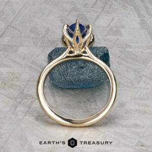 The Cathedral "Anemone" ring in 14K yellow gold with a 2.37-carat Ceylon sapphire is displayed upright on a rough blue stone, with the "Earth's Treasury" logo and text below.