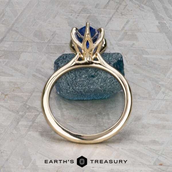 The Cathedral "Anemone" ring in 14K yellow gold with 2.37-carat Ceylon sapphire The Cathedral "Anemone" ring in 14K yellow gold with a 2.37-carat Ceylon sapphire is displayed upright on a rough blue stone, with the "Earth's Treasury" logo and text below.